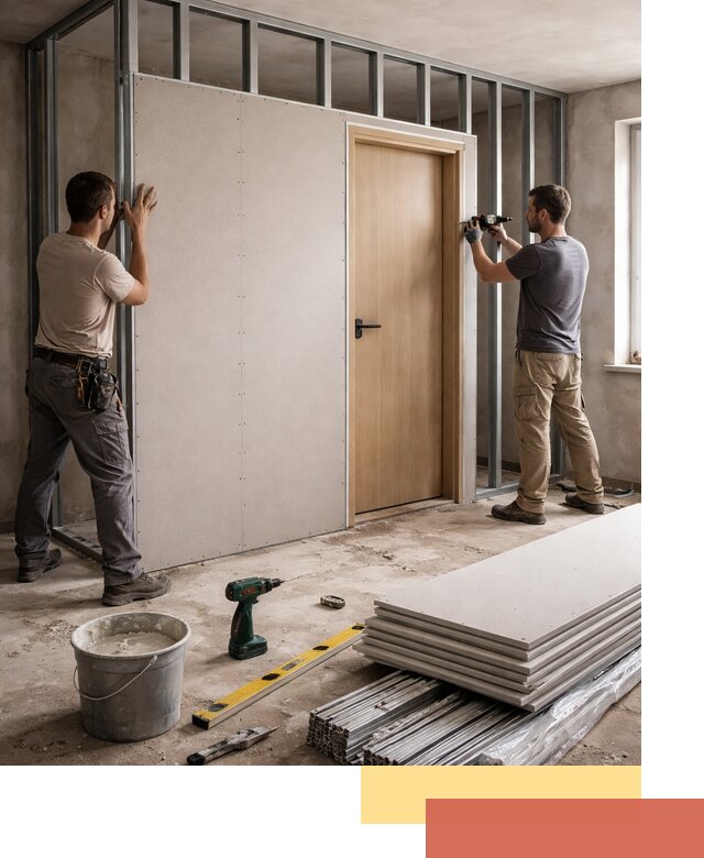 Перегородка из гипсокартона с дверью под ключ в Волгограде